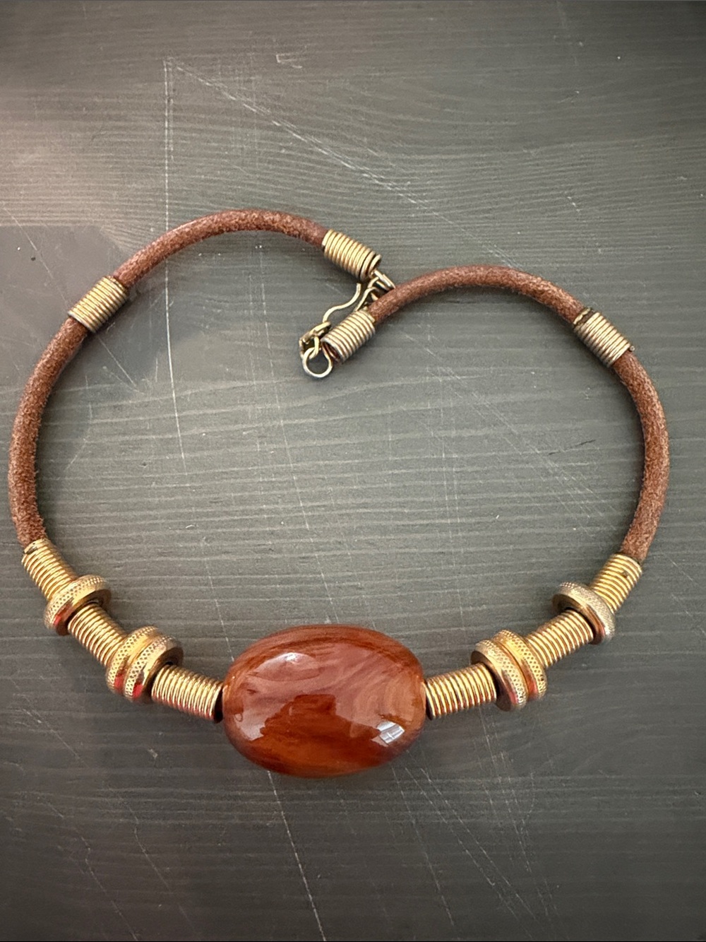 Brown Stone Pendant Leather Necklace